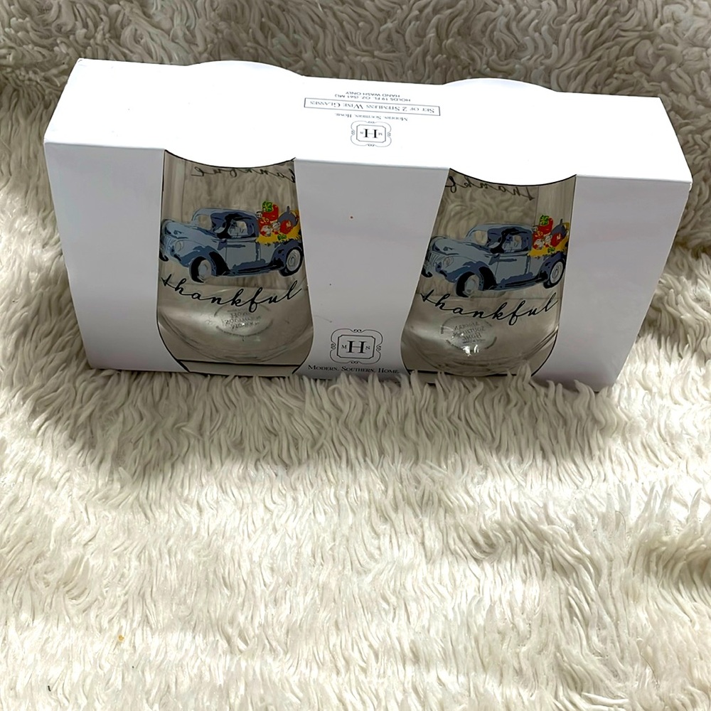 Set 2 Stemless Wine Glasses Blue Vintage Truck 19 oz Thankful modern southern